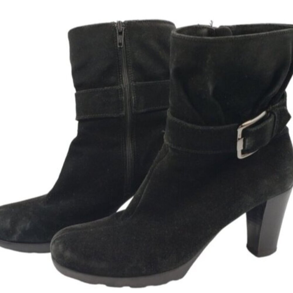 La Canadienne Black Suede Heeled Ankle Boots Size 8.5 Side Zip Treads Winter